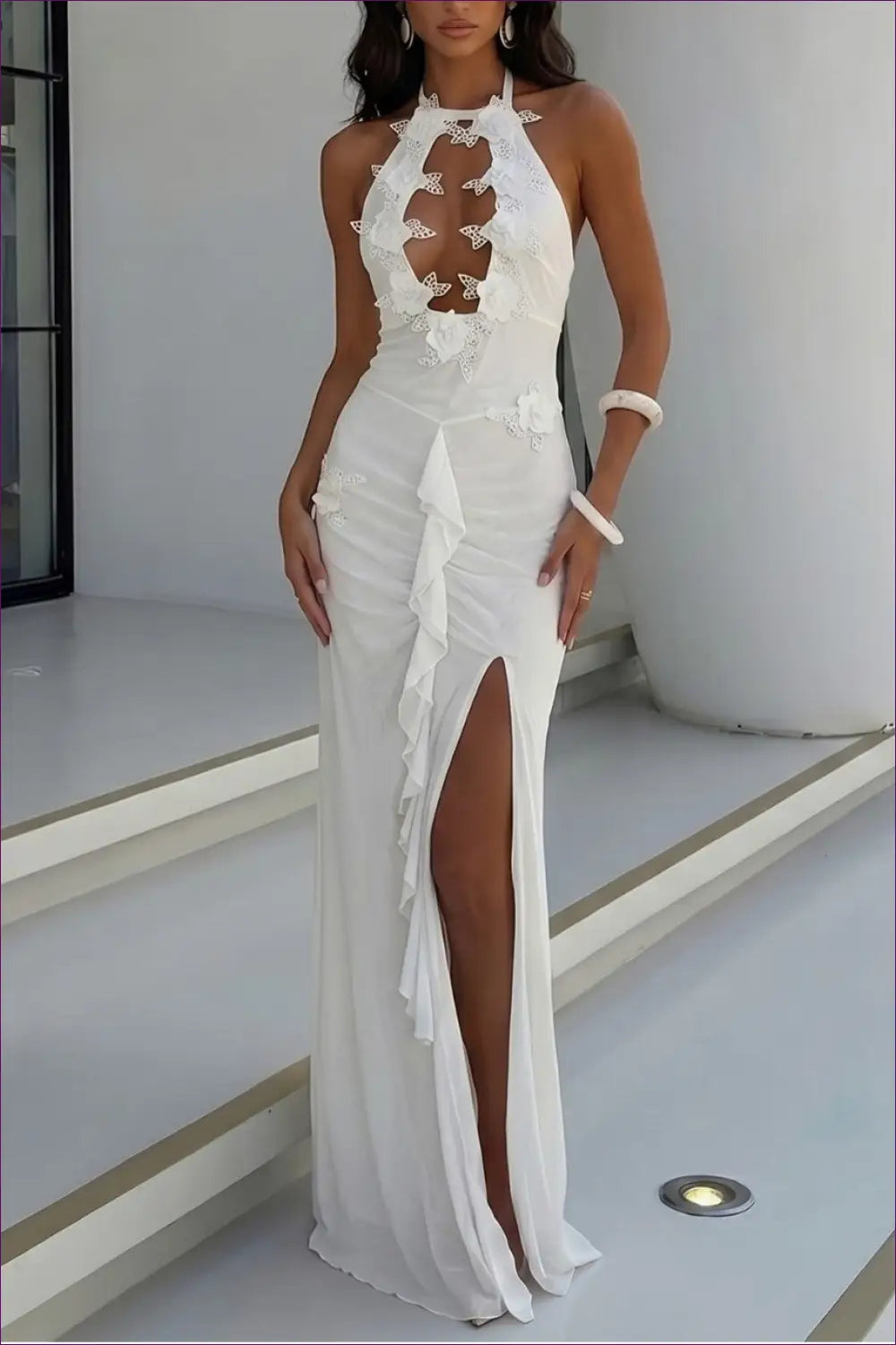 White Floral Lace Cutout Evening Dress - Spotlight Moment - Backless • Boho • Casual • Dresses - Lingerie Hut