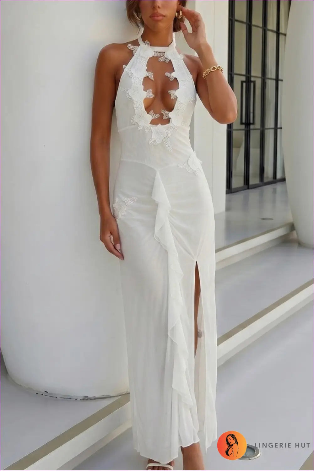 White Floral Lace Cutout Evening Dress - Spotlight Moment - Backless • Boho • Casual • Dresses - Lingerie Hut