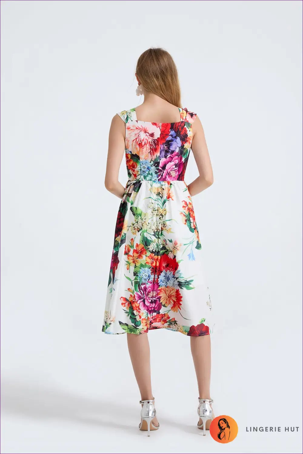 White Floral Square-neck Midi Dress - Ruched A-line - Boho • Elegant • Everyday • Esung