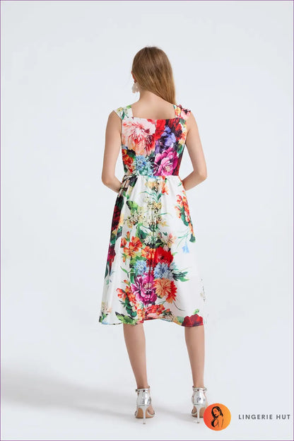 White Floral Square-neck Midi Dress - Ruched A-line - Boho • Elegant • Everyday • Esung