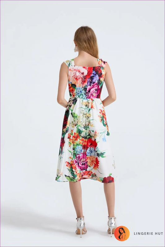 White Floral Square-neck Midi Dress - Ruched A-line - Boho • Elegant • Everyday • Esung