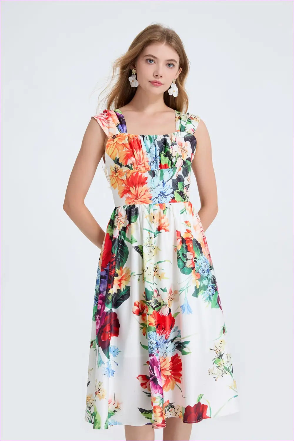 White Floral Square-neck Midi Dress - Ruched A-line - Boho • Elegant • Everyday • Esung