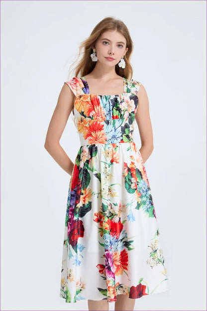 White Floral Square-neck Midi Dress - Ruched A-line - Boho • Elegant • Everyday • Esung