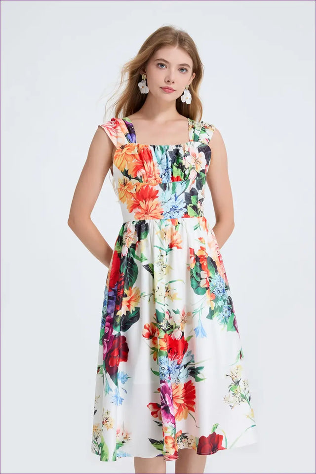White Floral Square-Neck Midi Dress - Ruched A-Line