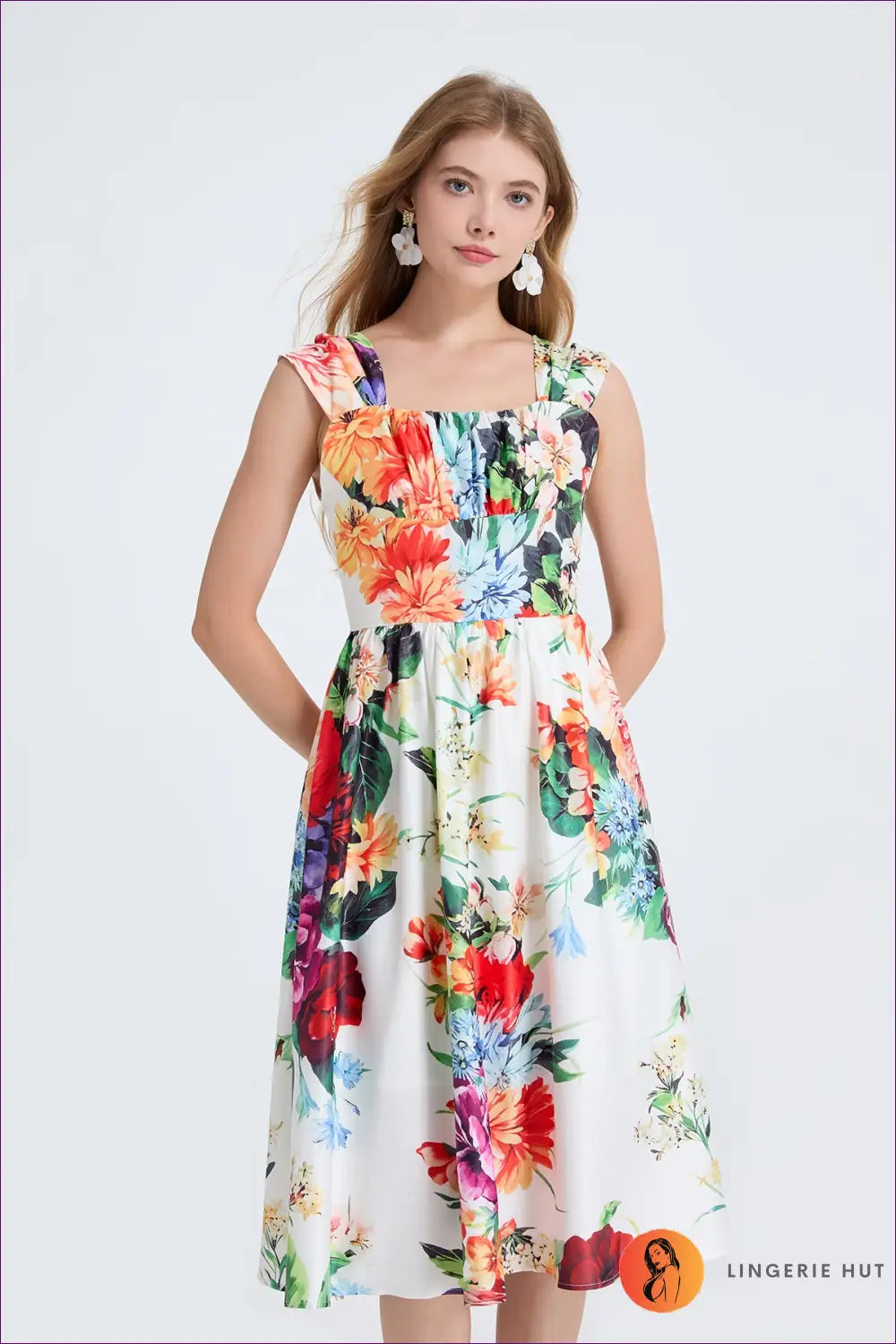 White Floral Square-neck Midi Dress - Ruched A-line - s / Multi - Boho • Elegant • Everyday • Esung