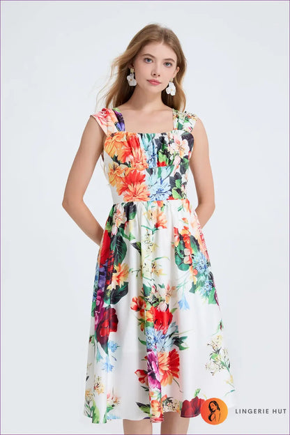 White Floral Square-neck Midi Dress - Ruched A-line - s / Multi - Boho • Elegant • Everyday • Esung