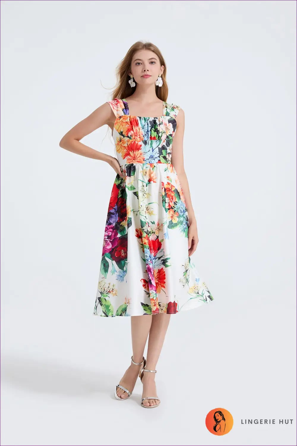 White Floral Square-neck Midi Dress - Ruched A-line - Boho • Elegant • Everyday • Esung