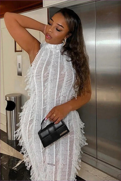 White Fringe High-neck Sheer Dress - Bold Sophistication for Date Night, Dress, Glamour, Midi, n