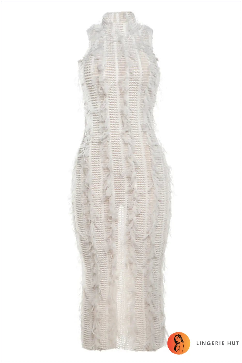 White Fringe High-neck Sheer Dress - Bold Sophistication for Date Night, Dress, Glamour, Midi, n