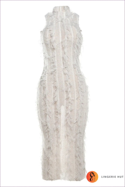 White Fringe High-neck Sheer Dress - Bold Sophistication for Date Night, Dress, Glamour, Midi, n