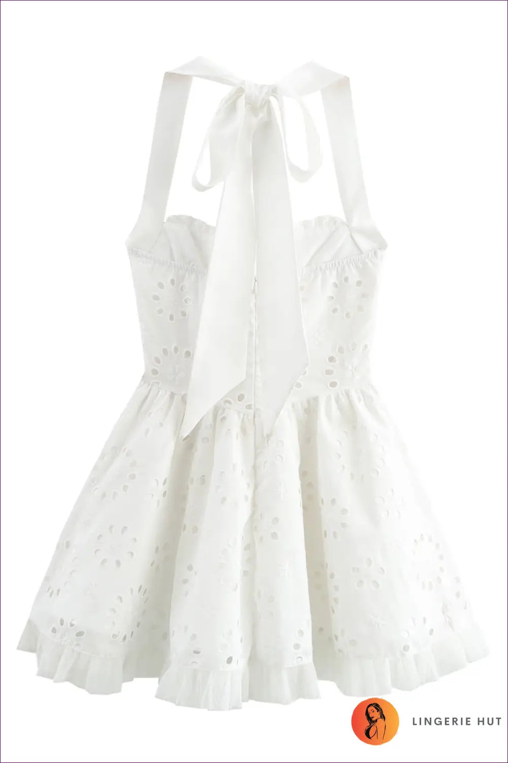 White Halter Eyelet Lace Mini Dress - Tulle Frill Hem - Boho • Elegant • Fishnet • Halter - Friday