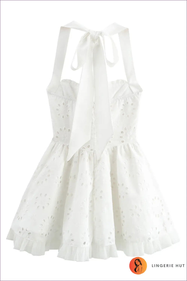 White Halter Eyelet Lace Mini Dress - Tulle Frill Hem