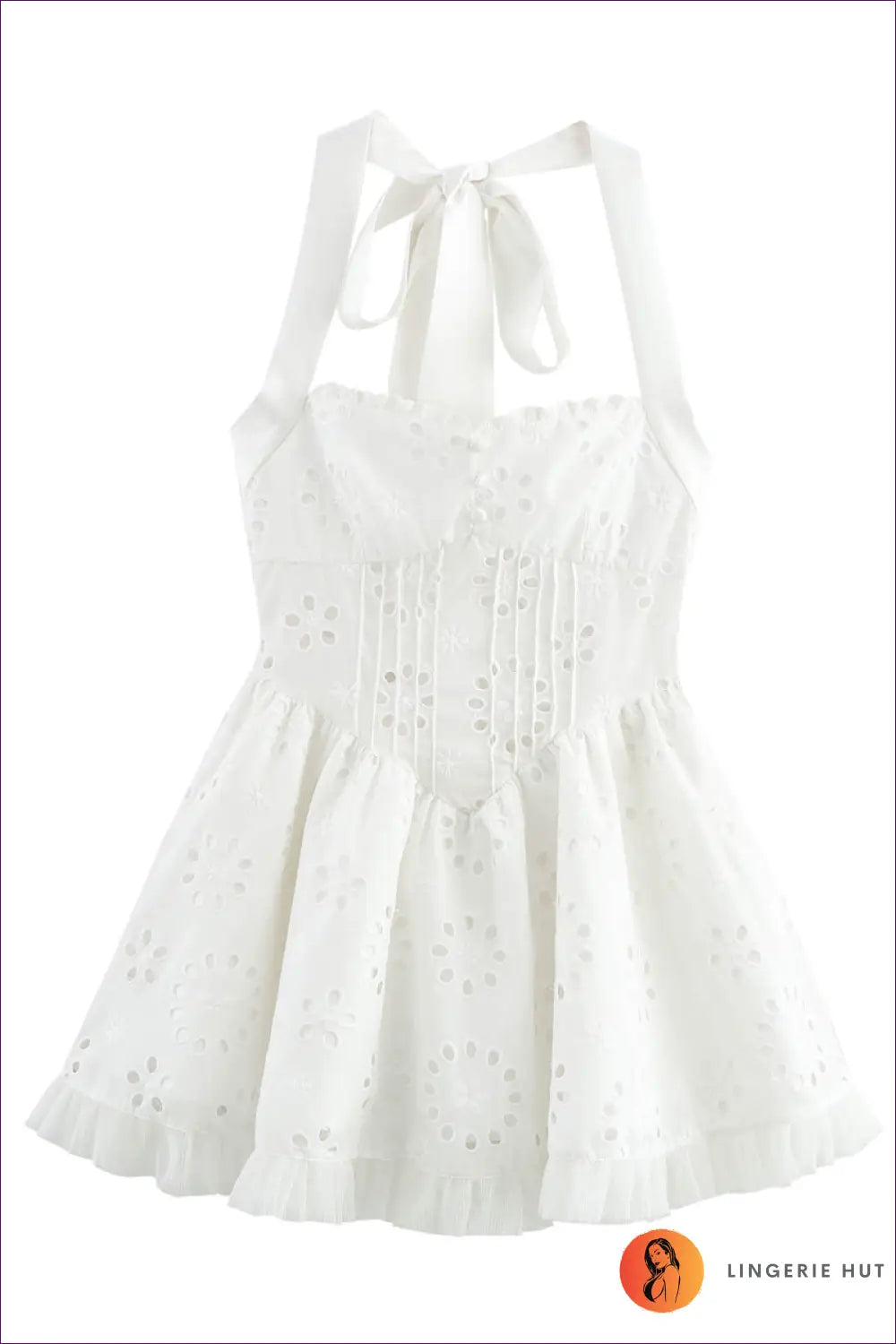 White Halter Eyelet Lace Mini Dress - Tulle Frill Hem - s / Boho • Elegant • Fishnet • Halter - Friday
