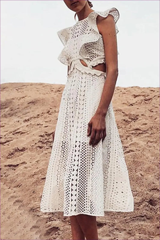 White Lace Maxi Dress with Cutouts - Bohemian Elegance for Beachwear, Boho, Cutout, Dress, Glamour