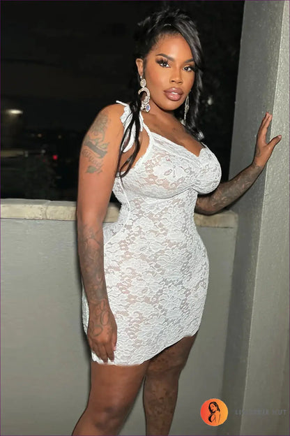 White Lace Tie-shoulder Bodycon Mini Dress - Floral - Clubwear • just in - Nazada