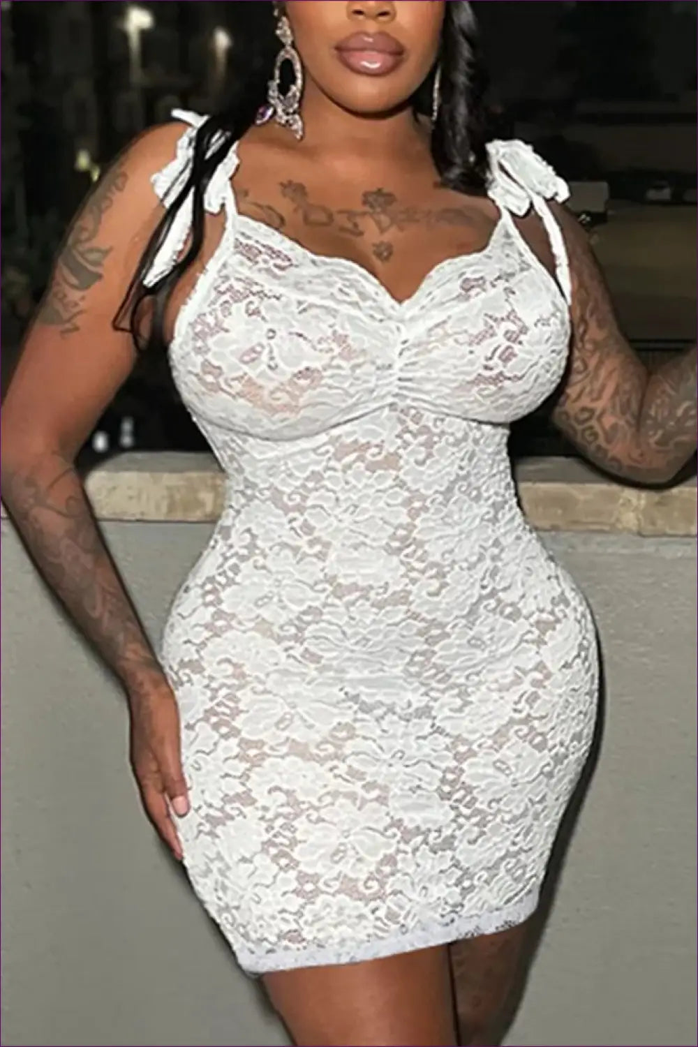 White Lace Tie-shoulder Bodycon Mini Dress - Floral - Clubwear • just in - Nazada