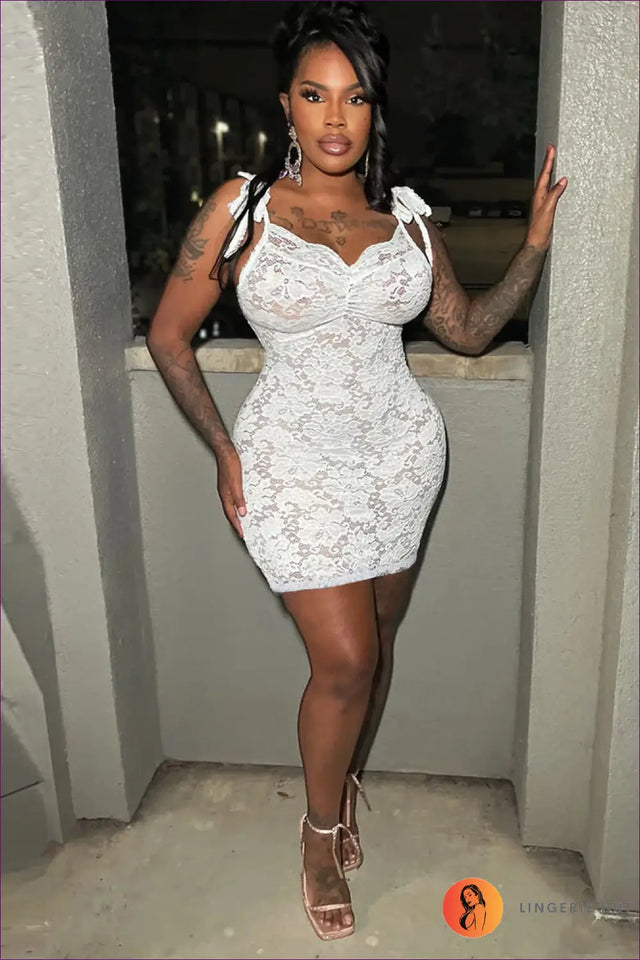 White Lace Tie-Shoulder Bodycon Mini Dress - Floral Lace