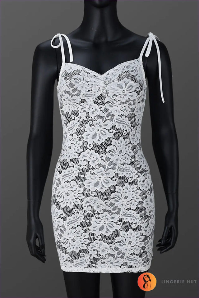 White Lace Tie-Shoulder Bodycon Mini Dress - Floral Lace