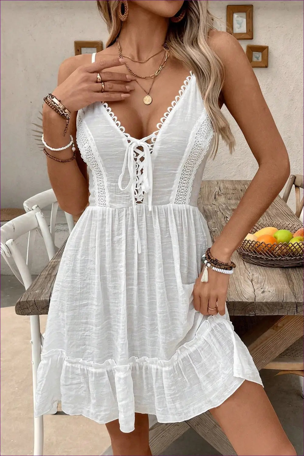 White Lace-up Beach Dress with Ruffled Hem - Sunlit Getaway - Casual • Dresses • Everyday • just in - Lingerie Hut
