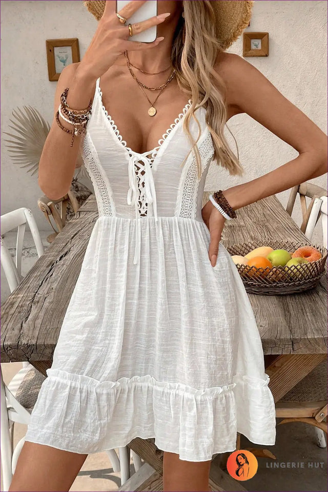 White Lace-Up Beach Dress with Ruffled Hem - Sunlit Getaway