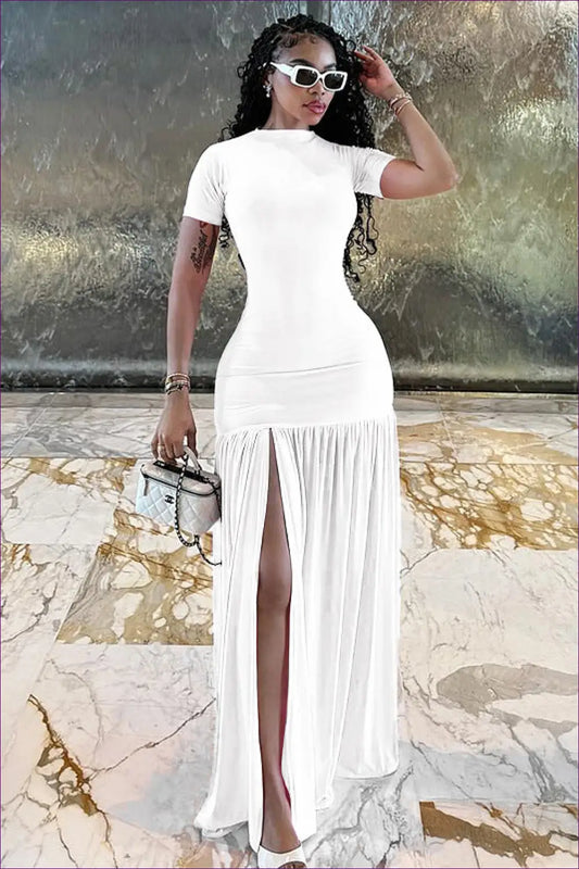 White Maxi Dress with Pleated Split Skirt - Effortless Elegance - Dresses - Lingerie Hut - A-line • Casual • Cutout