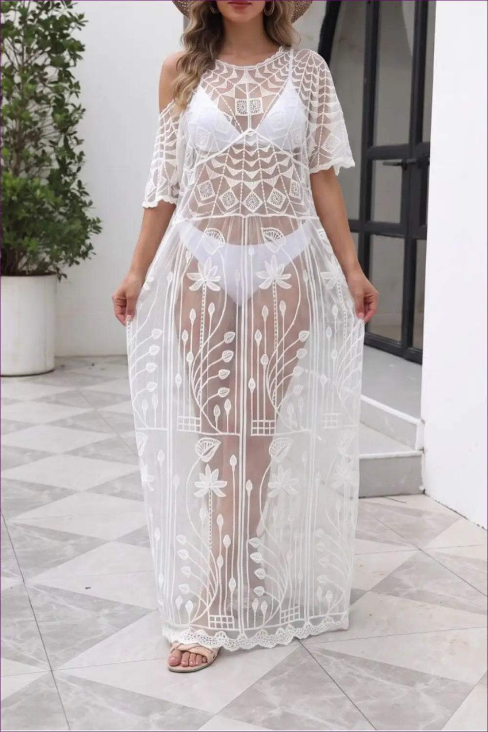 White Mesh Cover-up Dress with Scalloped Hem - Effortless Beach Days - one Size / Beachwear • Boho • Cover Up