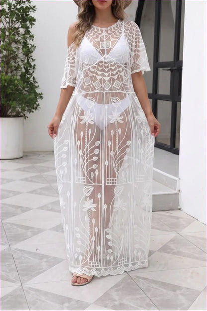 White Mesh Cover-up Dress with Scalloped Hem - Effortless Beach Days - one Size / Beachwear • Boho • Cover Up