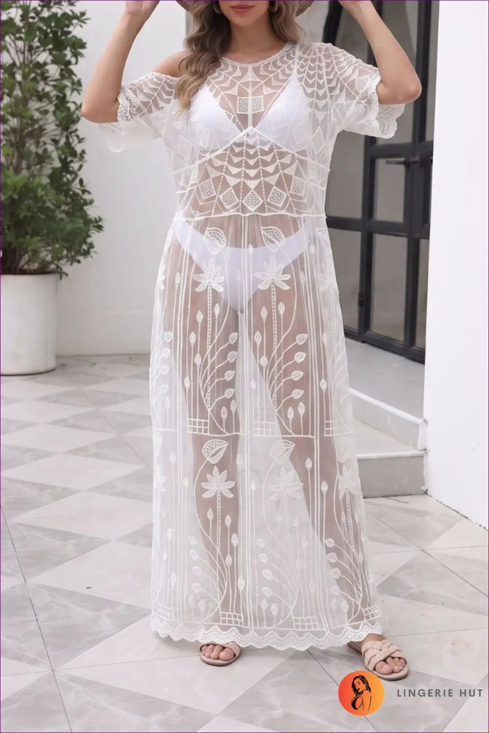 White Mesh Cover-up Dress with Scalloped Hem - Effortless Beach Days - one Size / Beachwear • Boho • Cover Up