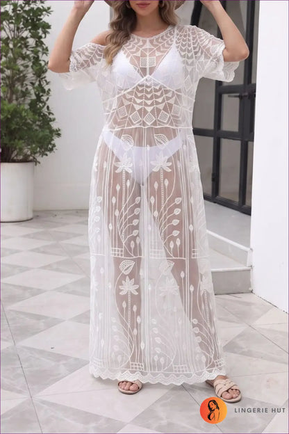 White Mesh Cover-up Dress with Scalloped Hem - Effortless Beach Days - one Size / Beachwear • Boho • Cover Up