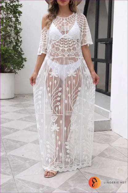 White Mesh Cover-up Dress with Scalloped Hem - Effortless Beach Days - one Size / Beachwear • Boho • Cover Up