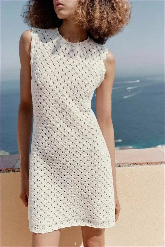 White Open-knit Mini Dress - Frill Neck & Scalloped Hem - Boho • Elegant • Everyday • Jersey - Shell