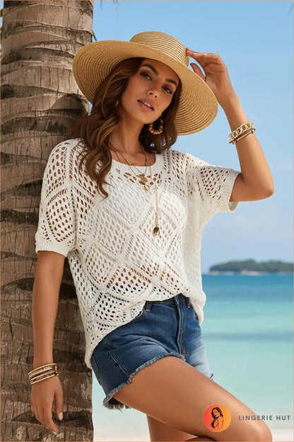 White Oversized Crochet Batwing Top with Split Hem - Riviera Hours - Casual • Cutout • Everyday • just in - Lingerie Hut