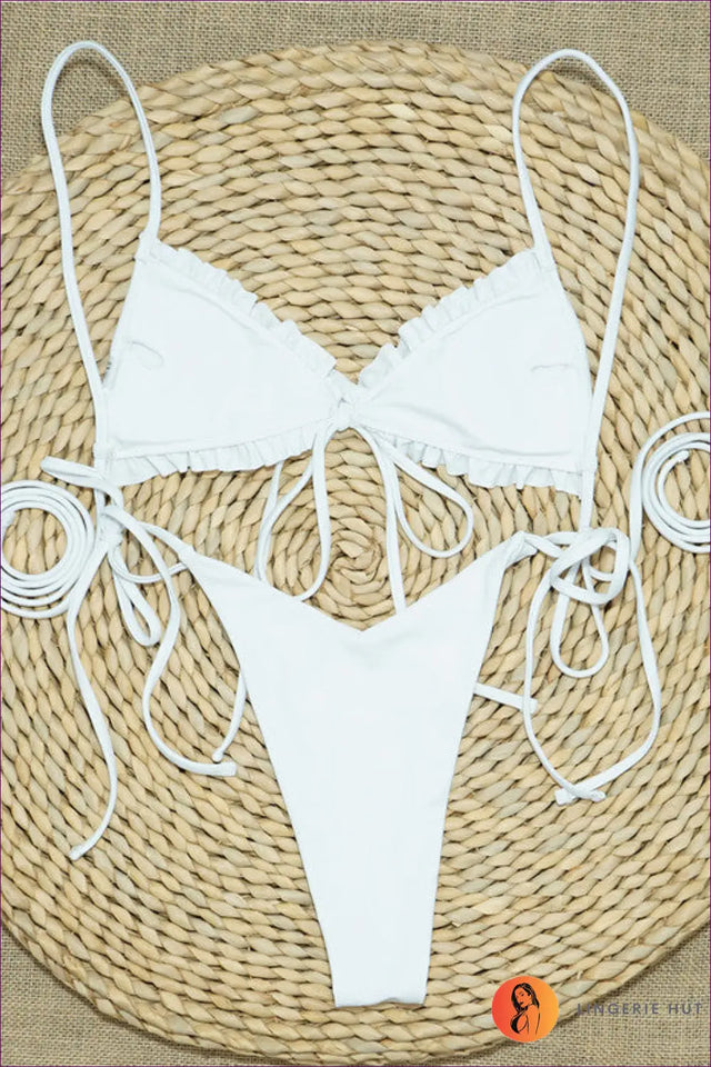 White Ruched Triangle Bikini with String-Tie Sides - Effortless Sun