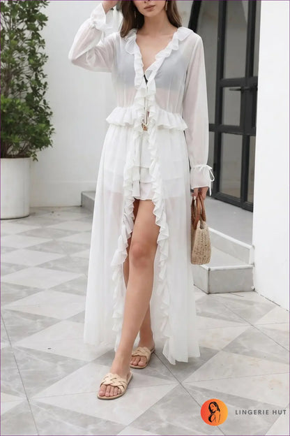 White Ruffle Kimono Cover-up with Tie Waist - Barefoot Luxe - s / Beach - Beachwear • Boho • Cover Up