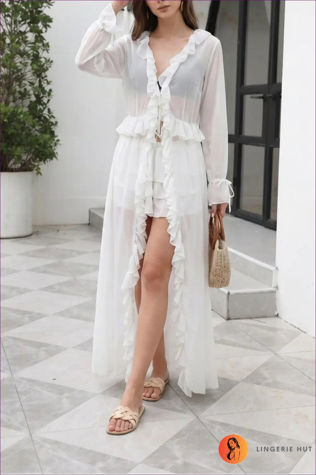 White Ruffle Kimono Cover-Up with Tie Waist - Barefoot Luxe