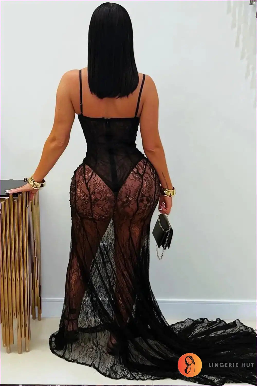 White Sheer Lace Sweetheart Maxi Dress with Fishtail Hem for Bodycon, Bridal, Dresses, Evening Wear, Formal