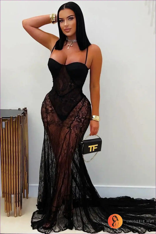 White Sheer Lace Sweetheart Maxi Dress with Fishtail Hem for Bodycon, Bridal, Dresses, Evening Wear, Formal