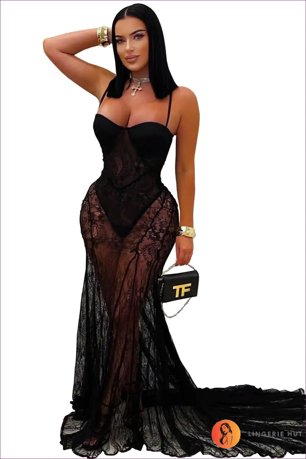 White Sheer Lace Sweetheart Maxi Dress with Fishtail Hem for Bodycon, Bridal, Dresses, Evening Wear, Formal