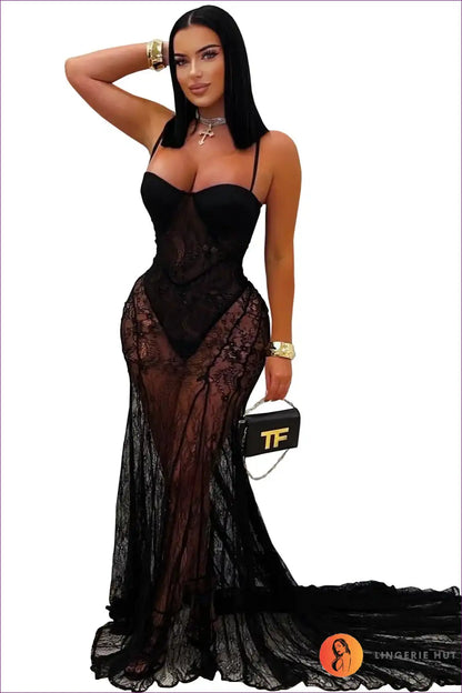 White Sheer Lace Sweetheart Maxi Dress with Fishtail Hem for Bodycon, Bridal, Dresses, Evening Wear, Formal