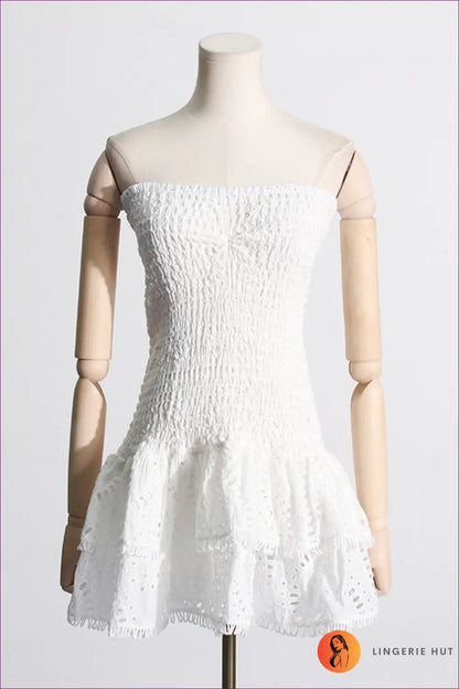 White Smocked Strapless Tiered Mini Dress - Embroidered - s / Boho • Elegant • just in • Bocas