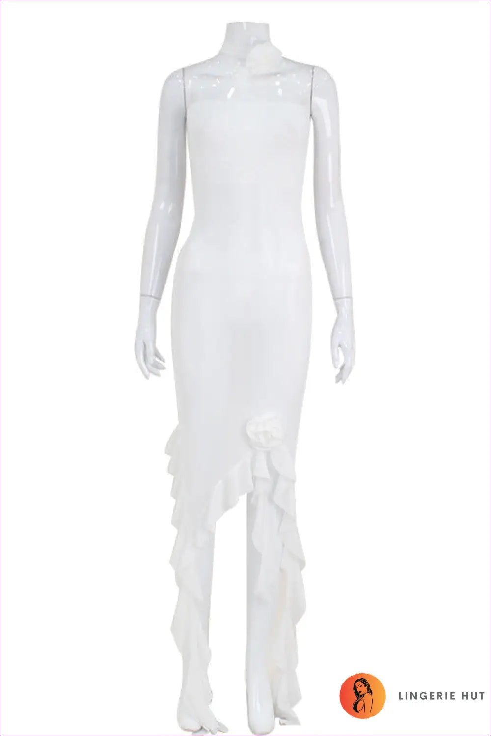 White Strapless Ruched Mesh Mini Dress - Asymmetric Ruffle Hem - s / Bodycon • Clubwear • Elegant • Fishnet - Lacech