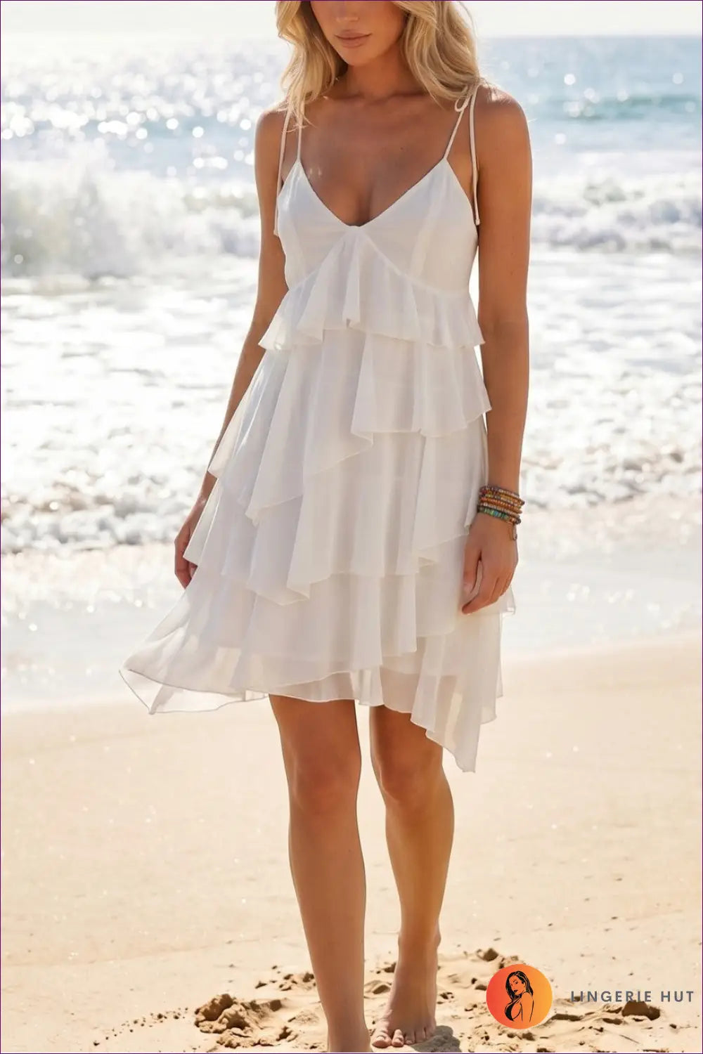 White Tiered Ruffle Mini Dress with Tie Straps - Beach Sundown - Casual • Dresses • Everyday • just in - Lingerie Hut