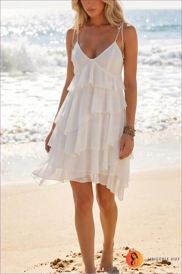 White Tiered Ruffle Mini Dress with Tie Straps - Beach Sundown