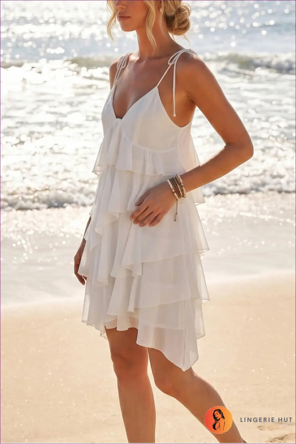 White Tiered Ruffle Mini Dress with Tie Straps - Beach Sundown - Casual • Dresses • Everyday • just in - Lingerie Hut