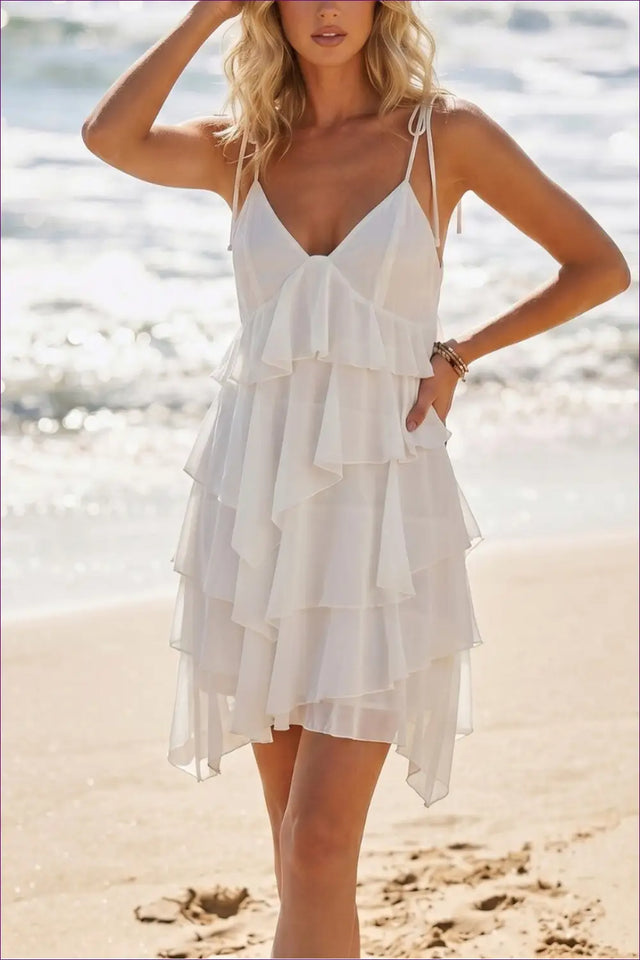 White Tiered Ruffle Mini Dress with Tie Straps - Beach Sundown