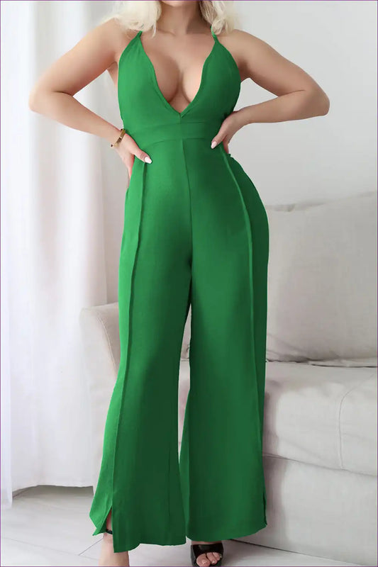 Wide Leg Jumpsuit with Deep V-neck - Effortless Summer Style for Casual, Everyday, Jumpsuit, just In, Party