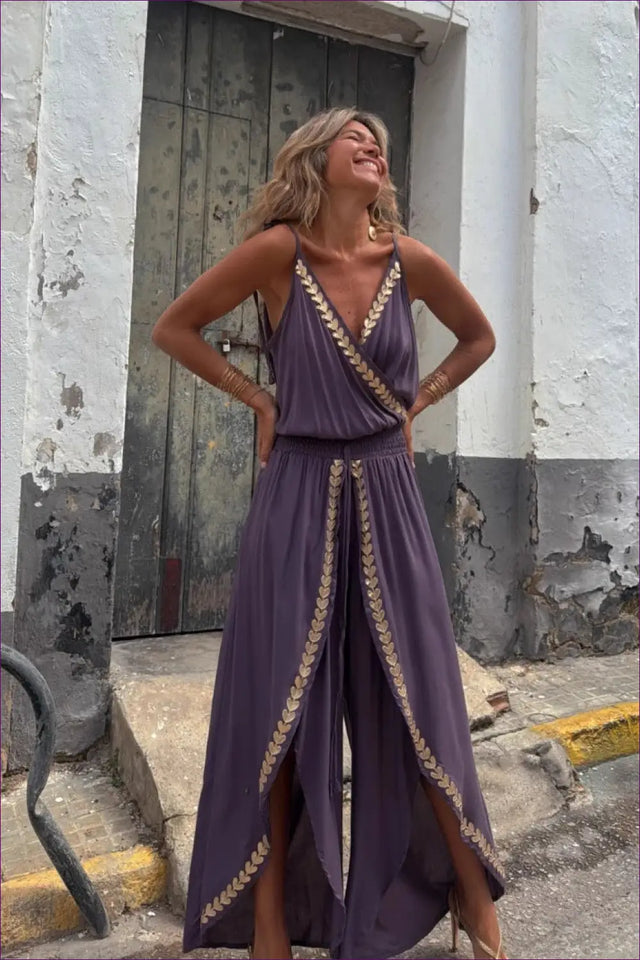 Wide Leg Jumpsuit with Gold Trim - Modern Boho Statement