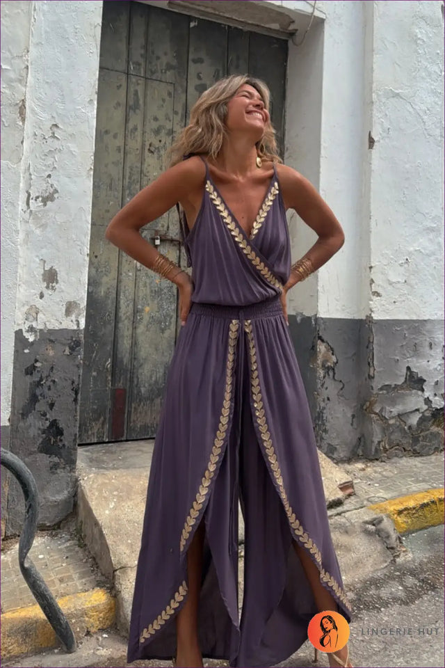 Wide Leg Jumpsuit with Gold Trim - Modern Boho Statement