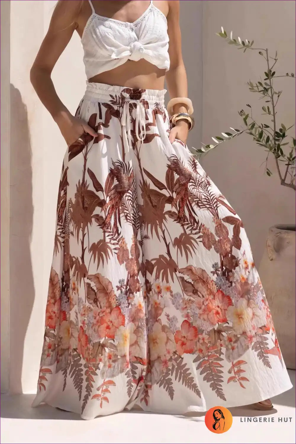 Wide Leg Trousers with Botanical Print - Bohemian Luxury for All Season, Boho, Casual, Everyday, Floral