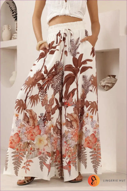 Wide Leg Trousers with Botanical Print - Bohemian Luxury for All Season, Boho, Casual, Everyday, Floral